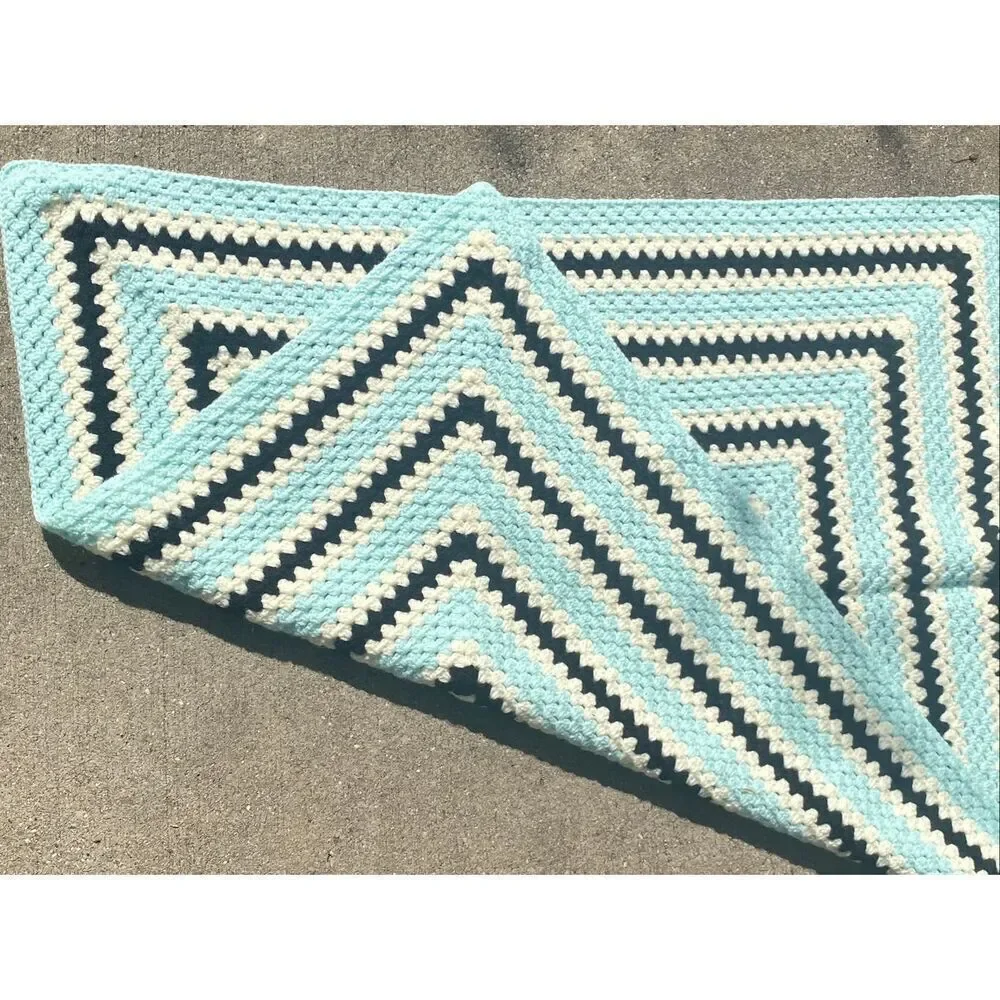 Handmade Crochet Afghan Blanket Blue Cream Rectangular Throw Boho Baby Nursery